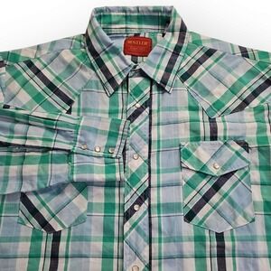 Rustler X-Long Tails Teal, White, Navy Western Pearl Snap‎ Wrangler Cowboy Rodeo